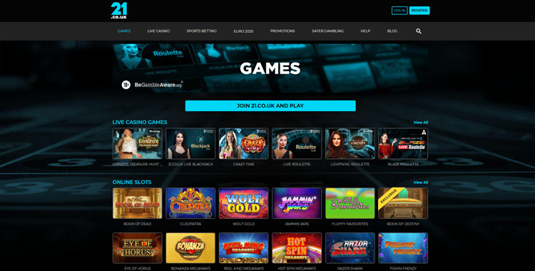 21.co.uk casino games lobby